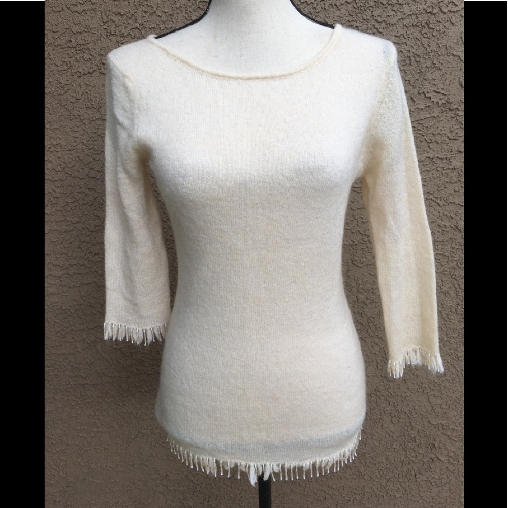 Vintage Bebe Y2K mohair/wool blend ivory beaded fringe 3/4 sleeve sweater S/M